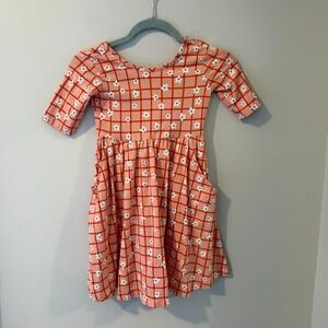 Hanna Andersson Girls Coral Grid Flower Print Dress Size 6 7 120cm